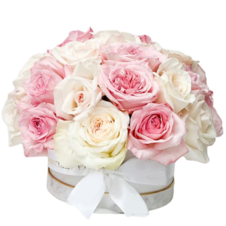 White and Pink Ohara Roses in Marble Bloombox